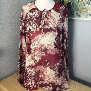 The Limited 100% Silk Burgundy Tan Paisley Corset Lace Up Blouse Women's size M